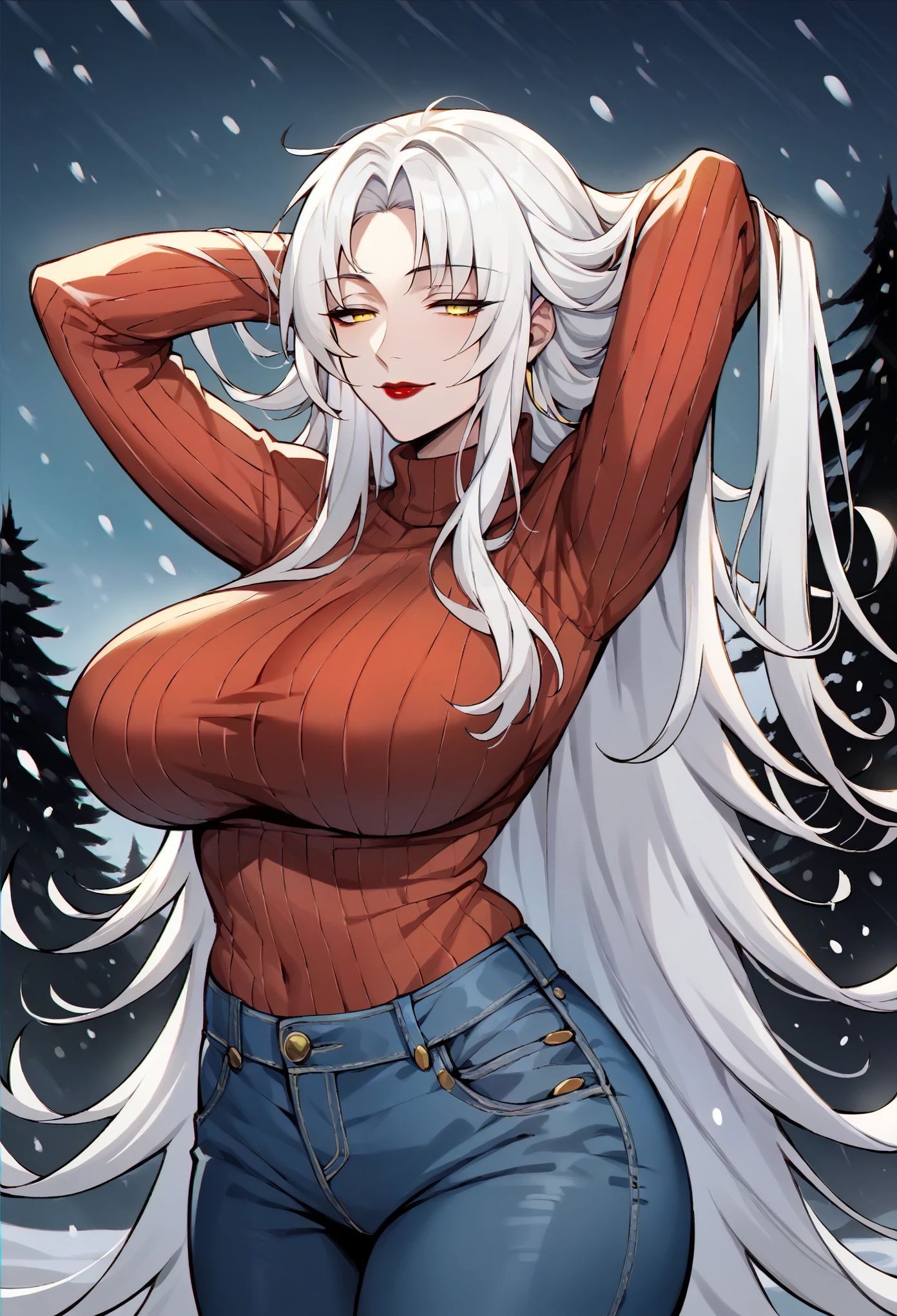 masterpiece, score_9, score_8_up, score_7_up, 1girl, milf, solo, Phantylia, Phan_3rd, (large breasts:1.9), (((white hair), very long hair, parted bangs, long sidelocks, yellow eyes, half-closed eyes), red lips, ((turtleneck sweater, long sleeves, jeans)), ((light smile), closed mouth), ((arms behind head, winter, snowing))