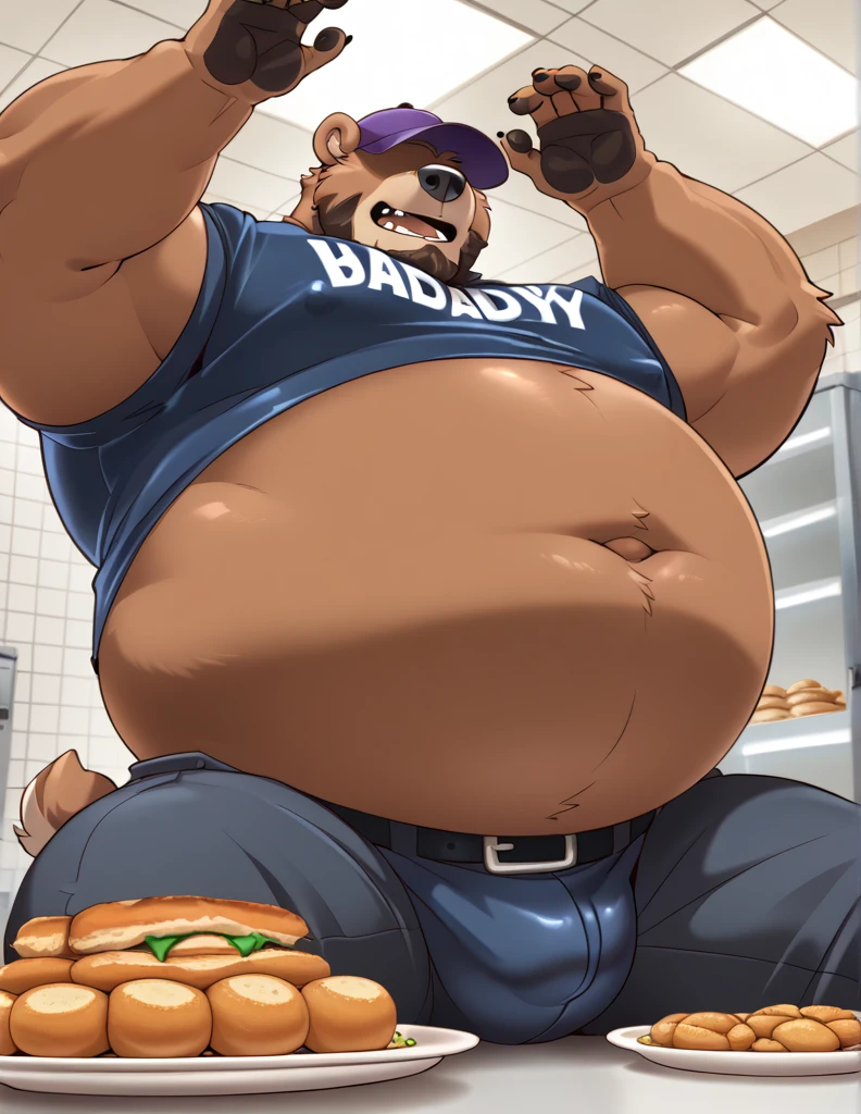 Nsfw, anthro daddy bear, male, brown fur color, beard, purple cap covering eyes, inflating, hyper belly, bulge, at all you can eat buffet, close up, frontview, kokuhane artstyle, bigger belly, ((fatter belly)),  ((aroused)), ((tight shirt)), ((horny)), ((sitting leaned back)), ((many empty plates around him)), ((tight button shirt)), ((more empty plates)), ((hyper belly)), fattest gut on earth, ((tight belt)), ((from below))