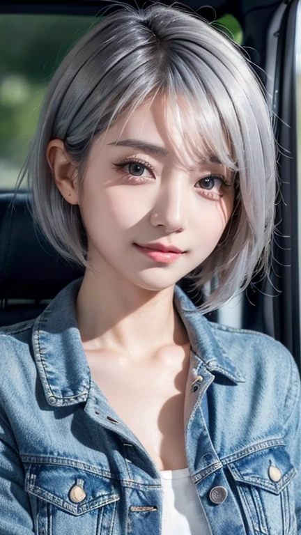 Realistic, masterpiece, Best Quality,  highest resolution , Portrait of a Japanese woman, Only the upper body is depicted, Portrait Background, Happy smile, Turn a little to the side, Always observe the audience,  beautifully detailed eyes kept in the car, Dark Eyes, Looks sleepy,   sparkling eye, (Hidden eyelid wrinkles:1.2), Thin eyebrows, Draw eyelashes carefully,  natural makeup , (short hair, Silver Hair:1.3), Detailed face, ( Face Closeup :1.2), ((Denim jacket), naked)