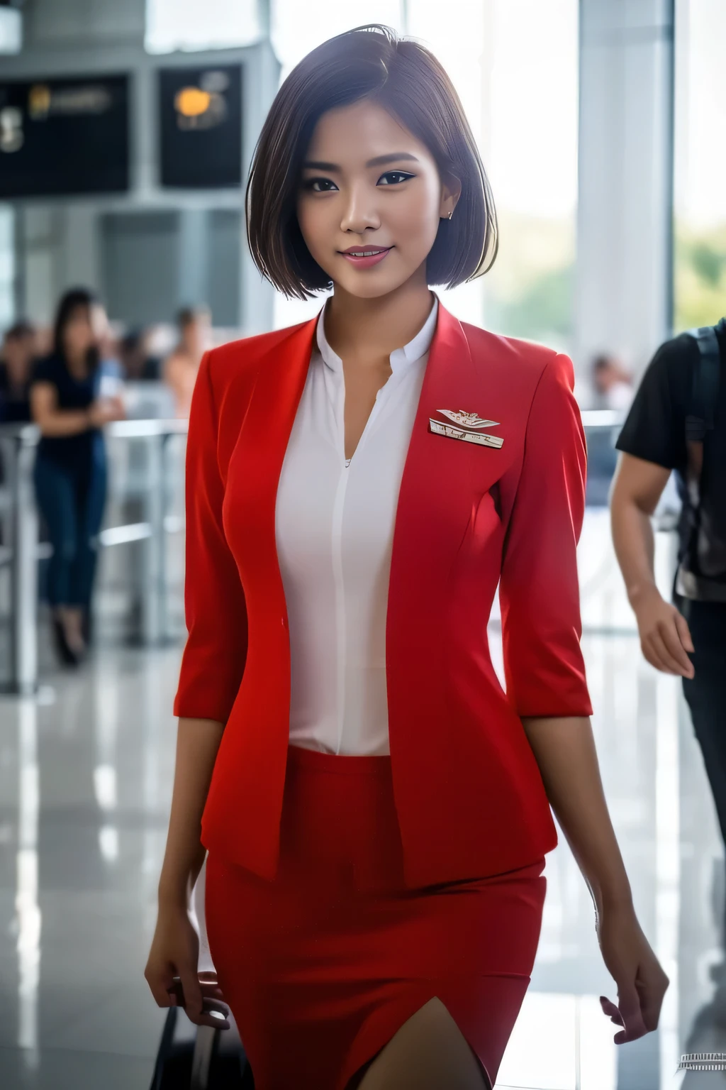 masterpiece, Highest quality:1.3, Ultra high definition 8K:1.2, hyperRealistic:1.35, RAW Photos:1.2, Highest quality, High resolution, wallpaper, Realistic, dramatic, Realistic painting art by midjourney:1.3, 1 Thai female steward, 25 years old, Red suit and stewardess uniform, Knee-length Red tight skirt:1.3, Walking in the Airport, so beautiful, white Beautiful Skin, Detailed face, Symmetrical face, double eyelid, Beautiful and detailed, Friendly kind smile, Beautiful glossy lips, I chipped a tooth, Very short bob hair, Accentuate your body lines, Perfect Style, cowboy_shot, Bokeh Background)
