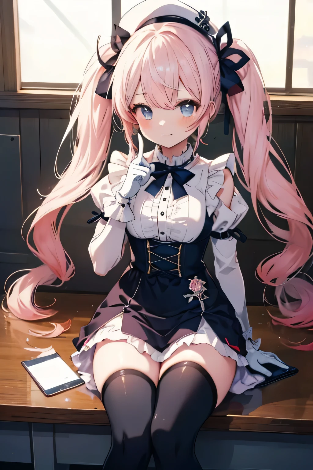 anime girl Cosplay Kawaii Maid Costume Dark Blue ta without a headdress sitting at a desk with a laptop, anime moe art style, kantai collection style, anime visual of a pretty girl, beautiful anime girl, anime best girl, hot anime girl, soft anime cg art, with the index finger, seductive anime girl , pretty girl laugh(Laby ), Girls Frontline CG, From the front line girls, An anime girl, Pigtails Colo Pink _Gloves, white beret, a pair of stockings, breeches