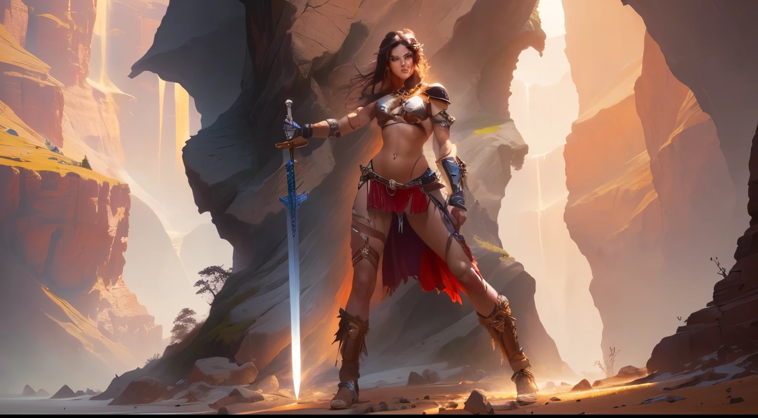 (((Solo character image.))) (((Generate a single character image.)))  (((Dressed in medieval fantasy attire.))) (((Very sexy facial expression.))) (((Dressed in medieval fantasy attire.))) This is a full color, vibrant artwork.  In this artwork, the fierce female warrior stands tall with her muscles rippling and a dangerous glint in her eye. Her large chest is accentuated by a tight leather harness that barely contains her ample assets. She wears armored boots and gauntlets, and her hair is wild and unkempt as if she has just come from battle. One hand grips a deadly sword while the other brandishes a lethal whip coiled at her side. The erotic overtones are evident in the way she holds herself - proud, powerful, and unafraid to use her body as a weapon of seduction should the need arise. Overall, this artwork captures the essence of an extremely sexy woman who is both fierce warrior and tempting temptress all rolled into one tantalizing package.  The background of the image is a fantasy setting, such as a dark dungeon as this woman is an adventurer and explorer of the unknown. The final artwork should be a captivating epic masterpiece that embodies the essence of a powerful yet alluring female warrior. It should be presented in stunning ultra HD quality, possibly 8k resolution, establishing itself as an award-worthy fantasy art concept and a trending piece on Artstation, digital art platforms, and beyond. Ensure that the image is centered for optimal visual impact,.best quality, beautifully detailed illustration, (Monster Hunter), beautifully detailed sunlight, soft lighting, (best shadows), looking at viewer, 1girl, solo focus, (tanned skin:1.4),  quadbraids,  large breasts, (abs:0.9), muscular thighs, wide hips, angry, [confident|evil]

