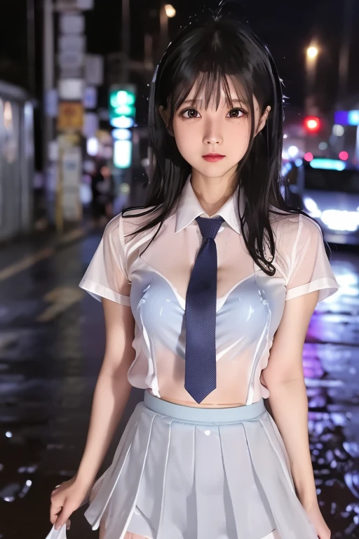  1 tall woman , , (punk hairstyle ,  Black Hair ),  scary expression,  Plump Body , blue eyes, Indonesian high school uniform, ( transparent white tight shirt wearing a transparent skirt and 、透明なスカートを着ている, Short sleeve, Light grey tie,),  OSIS logo on the shirt pocket, Perfect round breasts,  he was tired of falling in the rain  ( the road is very muddy ),  expression of fatigue  ( the rain got his uniform wet ), heavy rain (Rain at night), The skirt is also translucent ,  the uniform was drenched  ( the uniform was drenched ),The skirt is also soaked,  night sky background , Best Shot.