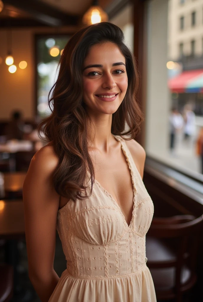 beautiful detailed photograph, hair cascading over her shoulders, wearing a dress standing in cafe looking at the viewer, smiling