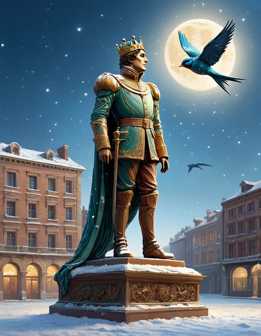 (A bronze statue of a standing prince wearing a crown), and a swallow dying at his feet. The bronze statue of the prince stands tall in the center of town. winter came, the bronze statue of a prince lost his former glory and became shabby. Realizing that he was going to die, the swallow mustered his last bit of strength, flew up, kissed the bronze statue of a prince, (and eventually died at his feet). Starry sky background, Sad Atmosphere. storybook illustration, ren's book illustration, Flat illustration. "The Happy Prince" by Oscar Wilde.