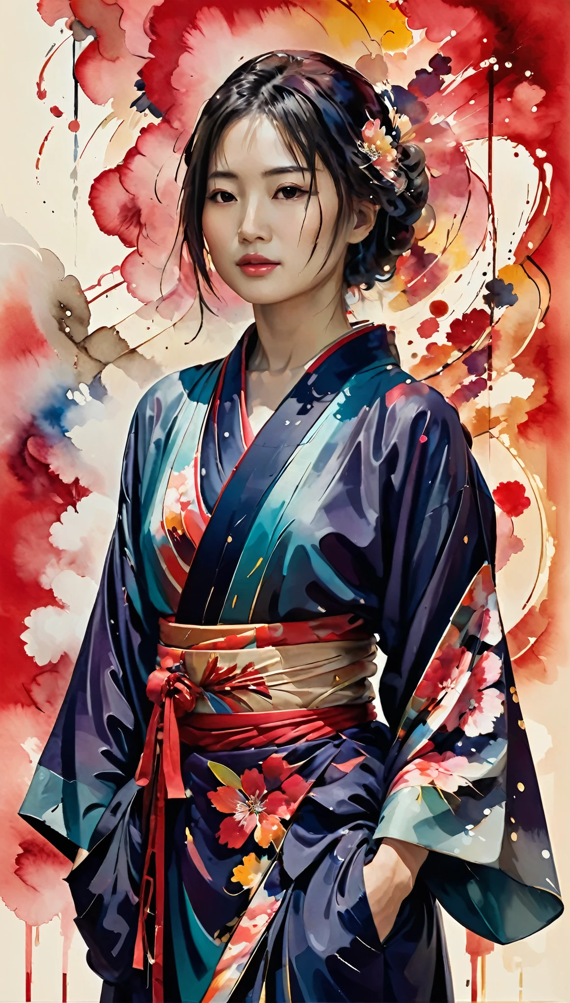 A captivating scene unfolds as the stunning Japanese girl stands poised amidst an artistic explosion of watercolor and gouache drips. Her Kimono clings to her body , emphasizing her alluring features. 
Soft lighting dances across her skin, casting a warm glow on the vivid colors surrounding her. The image is rendered in stunning 128K resolution, showcasing intricate details and a masterpiece-quality artistry that blends modern aesthetics with elegant allure,kodew