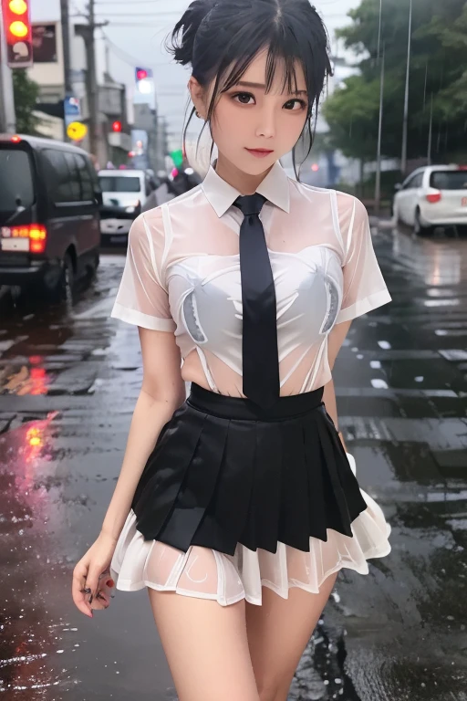  1 tall woman , , (punk hairstyle ,  Black Hair ),  scary expression,  Plump Body , blue eyes, One Piece Uniform, (I'm wearing a transparent white dress, Short sleeve, Light grey tie,),  OSIS logo on the shirt pocket, Perfect round breasts,  he was tired of falling in the rain  ( the road is very muddy ),  expression of fatigue  ( the rain got his uniform wet ), heavy rain (Rain at night), The skirt is also translucent , black lace panties, the uniform was drenched  ( the uniform was drenched ),The skirt is also soaked,  night sky background , Best Shot.