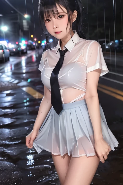  1 tall woman , , (punk hairstyle ,  Black Hair ),  scary expression,  Plump Body , blue eyes, One Piece Uniform, (I'm wearing a transparent white dress, Short sleeve, Light grey tie,),  OSIS logo on the shirt pocket, Perfect round breasts,  he was tired of falling in the rain  ( the road is very muddy ),  expression of fatigue  ( the rain got his uniform wet ), heavy rain (Rain at night), The skirt is also translucent , black lace panties, the uniform was drenched  ( the uniform was drenched ),The skirt is also soaked,  night sky background , Best Shot.