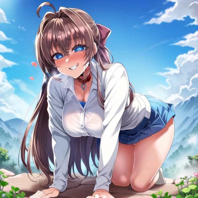 ((masterpiece, Highest quality, High resolution, UHD, Pixel perfect, Depth of written boundary, 4K, rtx, HDR)), 1 Girl, single, alone, 24-years-old, Beautiful Anime Girls, Beautiful art style, anime character, ((Parted bangs, Brown Hair)), (blue eyes、Round eyes, Delicate eyelashes、Beautiful eyelashes, Perfect Eyes), (Detailed face:1.2), (Smooth texture:0.75, Realistic texture:0.65, Realistic:1.2, Cinematic, Anime CG Style), Perfect body, waterfall:1.3、Full nudity:1.9、Light pink nipples:1.7、Moderately good breasts:1.7、Arms behind head:1.8、Visible from the thighs:1.9、Wet、Water Drop、Splash、nsfw、visible from below