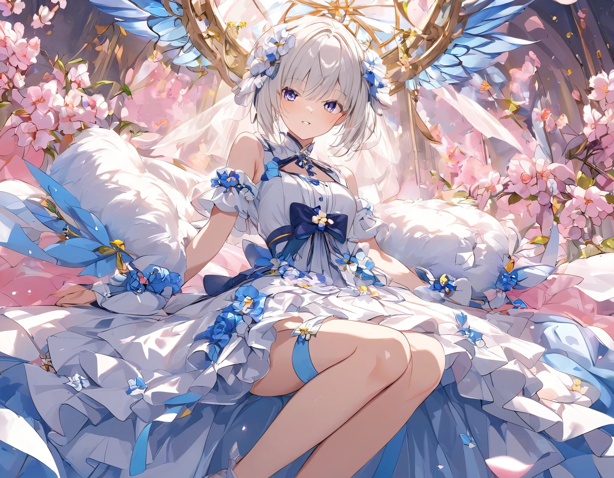 Highest quality, Very detailed, beautiful, Exquisite, 16K, Full HD, ((sleep)),(sleep in bed),Confused,(garden,Please sleep on your side),((Sparkly and soft layered dress)),A large and beautiful dress inspired by rose flowers, Hanabubuki,The screen is surrounded by flowers,Frills,Rhinestones are adorned、Intricately wavy ball gown,(Art Station, Fantasy art:1.2), pastel colour,((Huge white angel wings:1.5))、Gradient Hair, tiara,anklet,Purple eyes, Long eyelashes, beautiful Purple eyes,Pale pink cheeks,Golden Hour, Dazzling Light, Warm lighting,Bright light,Romantic light