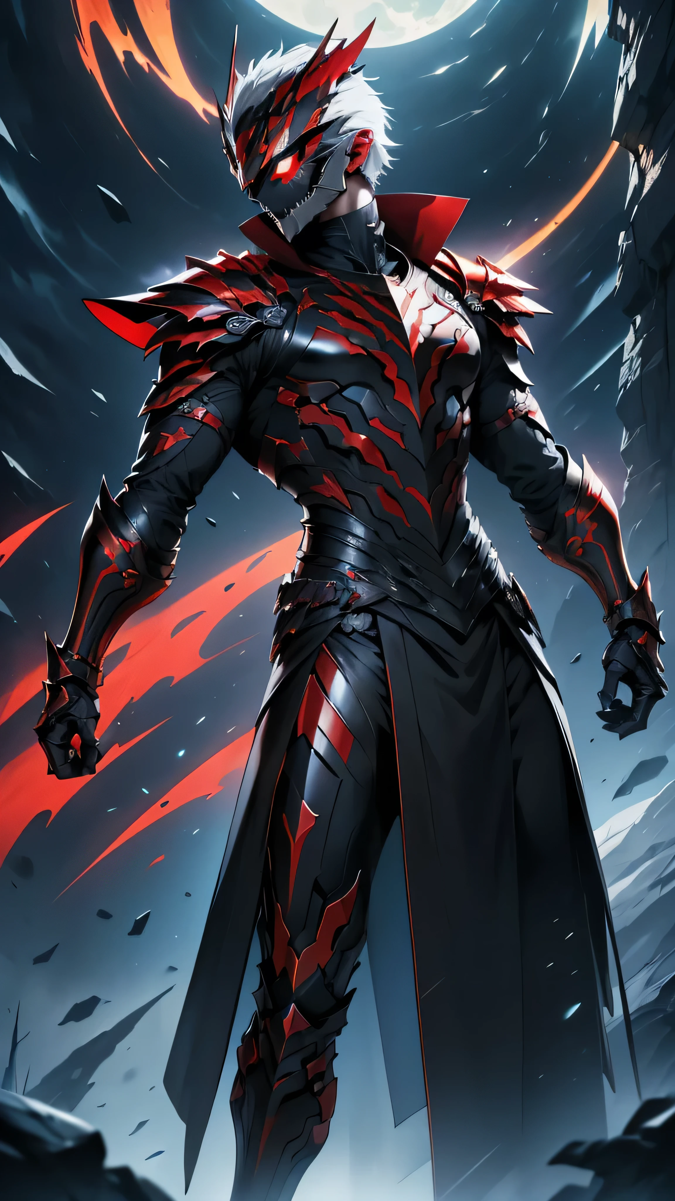 It’s a man. The image presents a dark, futuristic armor designed for Ken Kaneki, blending sleek tactical elements with a predatory appearance. The armor reflects his duality as both human and ghoul.

Helmet: The helmet is sleek black with sharp lines. A glowing red eye slit pierces through the visor, and the mouthpiece mimics Kaneki's ghoul mask, with jagged teeth adding a monstrous touch.

Mantle Plates (Shoulder Guards): The shoulder guards are close to the chest, curving toward the shoulders in a streamlined fashion. They feature black metallic surfaces with crimson veins, hinting at Kaneki’s ghoul power.

Chest Plate: The segmented chest plate has angular lines in black and red. A faint red glow emanates from the center, symbolizing his transformation. The design is protective and savage, mirroring his internal conflict.

Arm Guards: The arm guards are sleek, with articulated segments for flexibility. The gauntlets have claw-like extensions, giving them a predatory feel, as if part of Kaneki’s kagune.

Leg Armor: The legs are armored with black plates streaked with red veins. The boots are sharp and angular, built for speed and agility, reinforcing Kaneki’s deadly precision.

High Collar: A high collar rises from the back and sides, tightly encircling the neck. It integrates with the mantle plates, enhancing the armor’s menacing look.

Background: Set against a dark, foggy backdrop, with Tokyo’s skyline faintly visible. Red lighting emphasizes key features, such as the glowing eye slit and chest, reinforcing Kaneki’s ominous, ghoul-like presence.