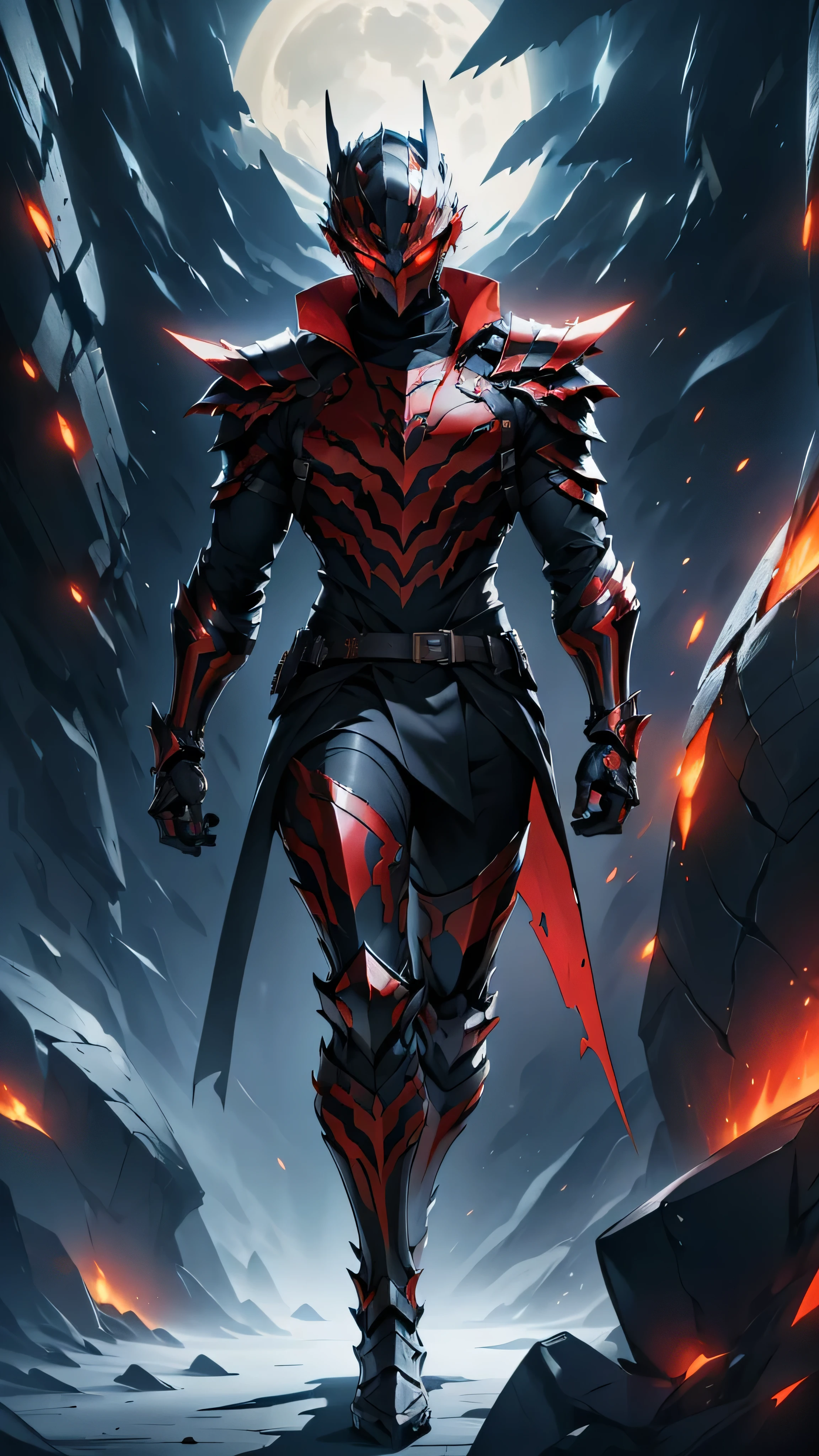 It’s a man. The image presents a dark, futuristic armor designed for Ken Kaneki, blending sleek tactical elements with a predatory appearance. The armor reflects his duality as both human and ghoul.

Helmet: The helmet is sleek black with sharp lines. A glowing red eye slit pierces through the visor, and the mouthpiece mimics Kaneki's ghoul mask, with jagged teeth adding a monstrous touch.

Mantle Plates (Shoulder Guards): The shoulder guards are close to the chest, curving toward the shoulders in a streamlined fashion. They feature black metallic surfaces with crimson veins, hinting at Kaneki’s ghoul power.

Chest Plate: The segmented chest plate has angular lines in black and red. A faint red glow emanates from the center, symbolizing his transformation. The design is protective and savage, mirroring his internal conflict.

Arm Guards: The arm guards are sleek, with articulated segments for flexibility. The gauntlets have claw-like extensions, giving them a predatory feel, as if part of Kaneki’s kagune.

Leg Armor: The legs are armored with black plates streaked with red veins. The boots are sharp and angular, built for speed and agility, reinforcing Kaneki’s deadly precision.

High Collar: A high collar rises from the back and sides, tightly encircling the neck. It integrates with the mantle plates, enhancing the armor’s menacing look.

Background: Set against a dark, foggy backdrop, with Tokyo’s skyline faintly visible. Red lighting emphasizes key features, such as the glowing eye slit and chest, reinforcing Kaneki’s ominous, ghoul-like presence.