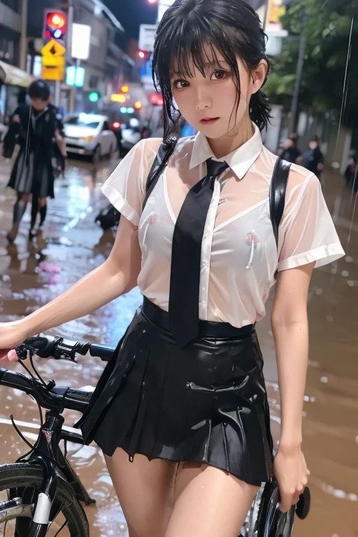  1 tall woman , , (punk hairstyle ,  Black Hair ),  scary expression,  Plump Body , blue eyes, One Piece Uniform, ( and I'm wearing a transparent white dress, Short sleeve, Light grey tie,),  the road is very muddy , Perfect round breasts,  he was tired of falling in the rain  ( riding his bike in the middle of a muddy road ),  expression of fatigue  ( the rain got his uniform wet ), heavy rain (Rain at night), The skirt is also translucent ,Skirt flying in the wind、I can see her panties、 black lace panties, the uniform was drenched  ( the uniform was drenched ),The skirt is also soaked,  night sky background , Best Shot.