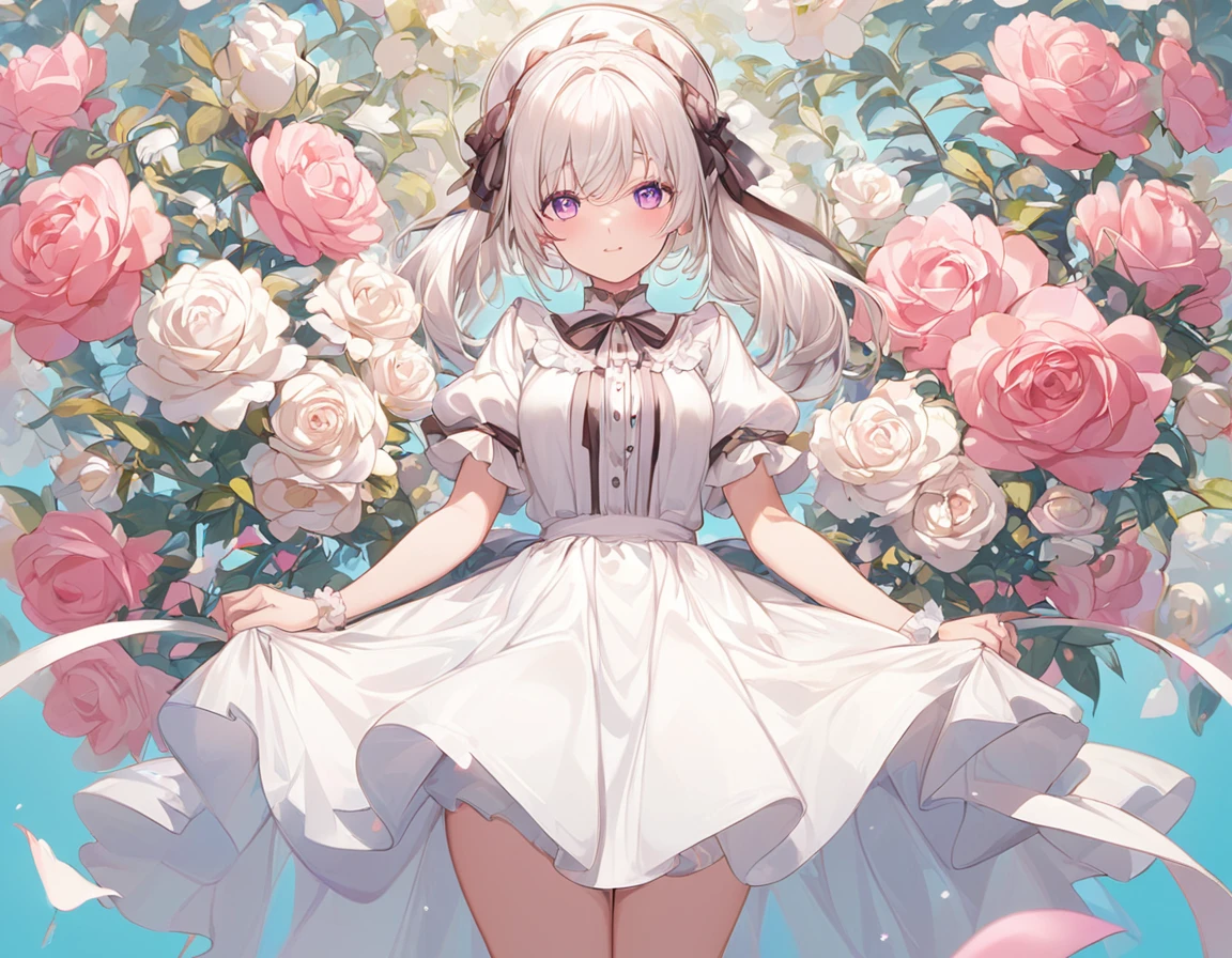(masterpiece, best quality:1.6), white lace dress, cowboy shot, thighs, beautiful girl, (flowers, many small white petals:1.3), garden, blue sky, looking at viewer, small waist, official art, raw photo, incredibly absurdres, facelight, dynamic lighting, cinematic lighting, ultra realistic, highres, photography, sharp focus, highest detailed, extreme detailed, ultra detailed, finely detail, extremely detailed eyes and face