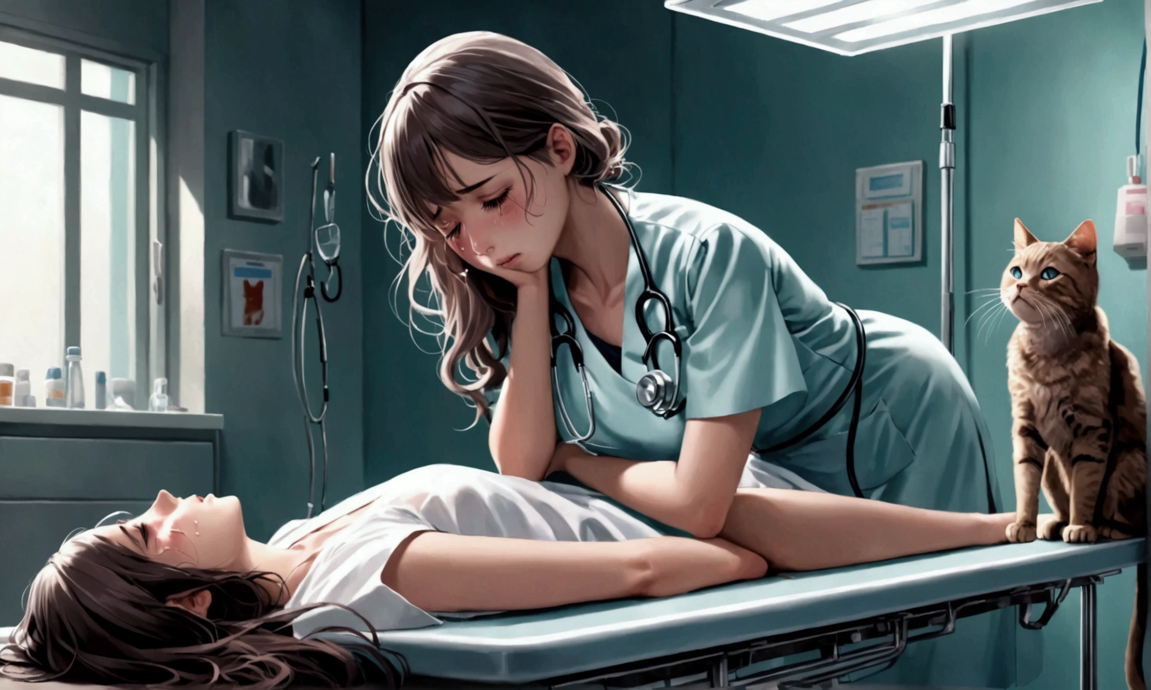 A cute woman (sexy outfit, sad, crying, very distressed), her cat lies dead on a medical table, the veterinarian and nurses try to calm her, sad atmosphere.
