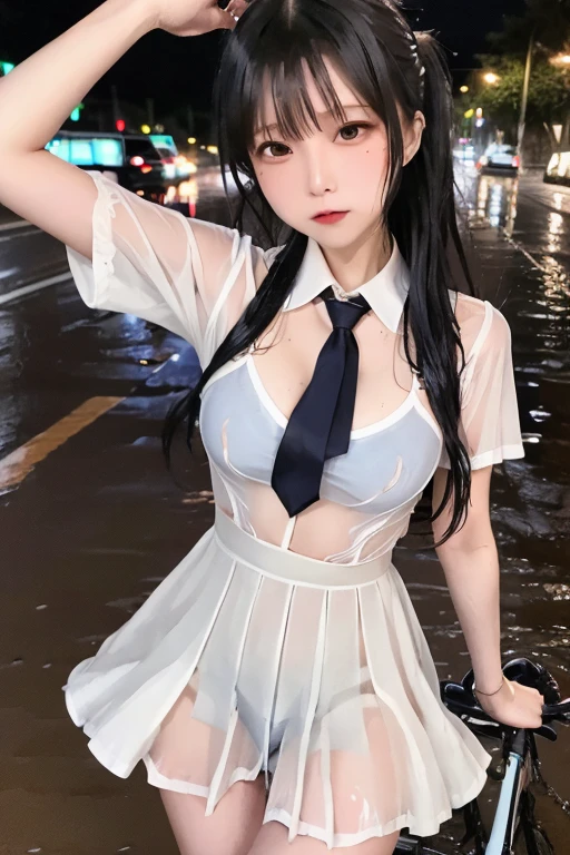  1 tall woman , , (punk hairstyle ,  Black Hair ),  scary expression,  Plump Body , blue eyes, One Piece Uniform, ( and I'm wearing a transparent white dress, Short sleeve, Light grey tie,),  the road is very muddy , Perfect round breasts,  he was tired of falling in the rain  ( riding his bike in the middle of a muddy road ),  expression of fatigue  ( the rain got his uniform wet ), heavy rain (Rain at night), The skirt is also translucent ,Skirt flying in the wind、I can see her panties、 black lace panties, the uniform was drenched  ( the uniform was drenched ),The skirt is also soaked,  night sky background , Best Shot.