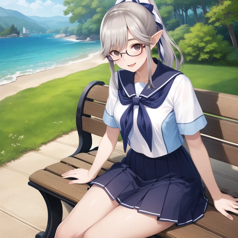 masterpiece, Redeem,  high res,Elf、Glasses，Beautiful silver hair, Long Hair,  ponytail, hair ribbon, Seraph, White shirt, Short sleeve, Sailor collar, Brunecker Chief,  pleated skirt ,   blue skirt  , Sitting, bench,  Open your mouth , Wave, smile,