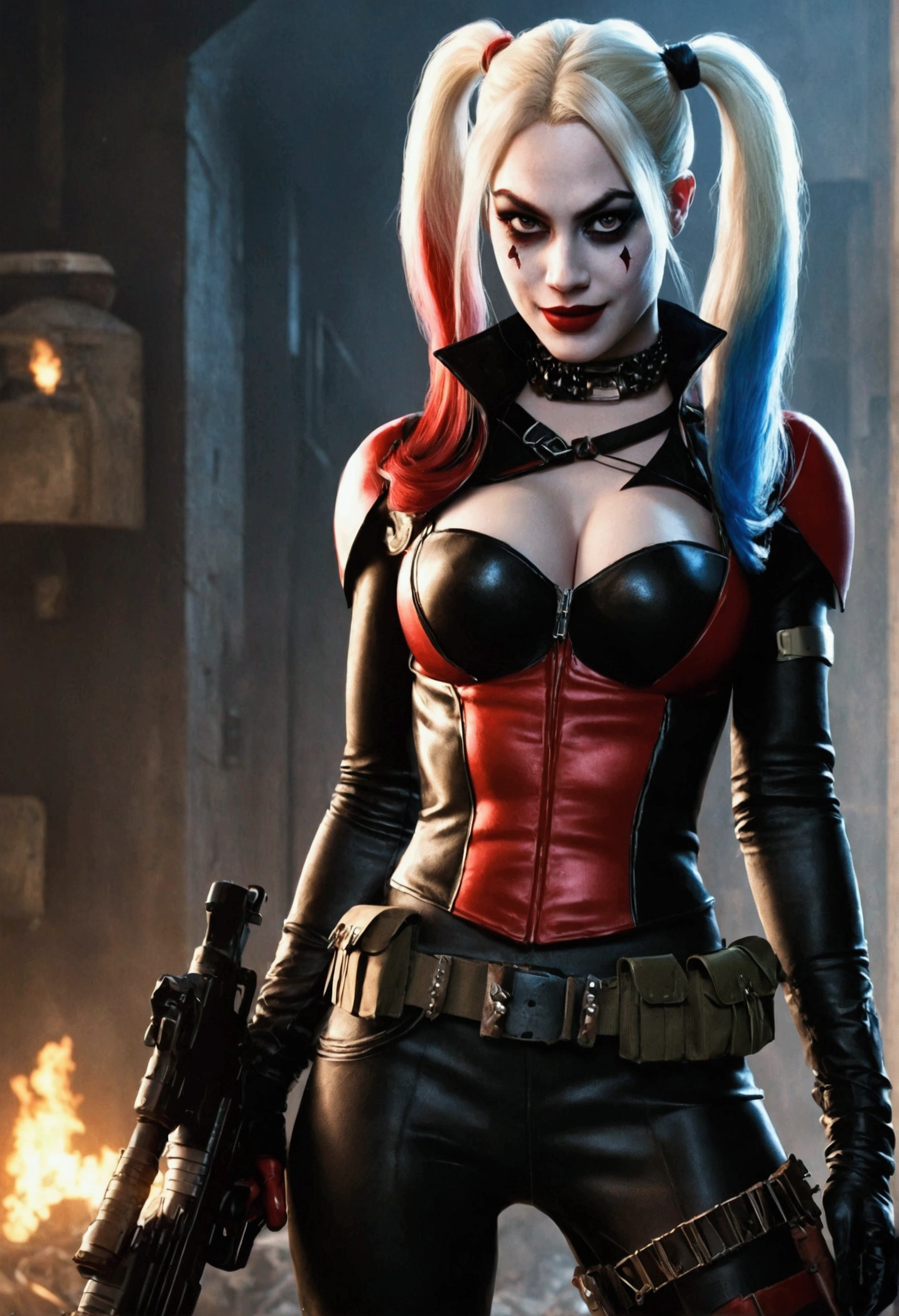 Harley Quinn dominatrix, erotic, realistic, close-up full body shot, detailed facial features, intricate tattoos, glossy latex outfit, dark moody lighting, atmospheric background, dramatic poses, cinematic composition, high contrast, vivid colors, (best quality,4k,8k,highres,masterpiece:1.2),ultra-detailed,(realistic,photorealistic,photo-realistic:1.37)
