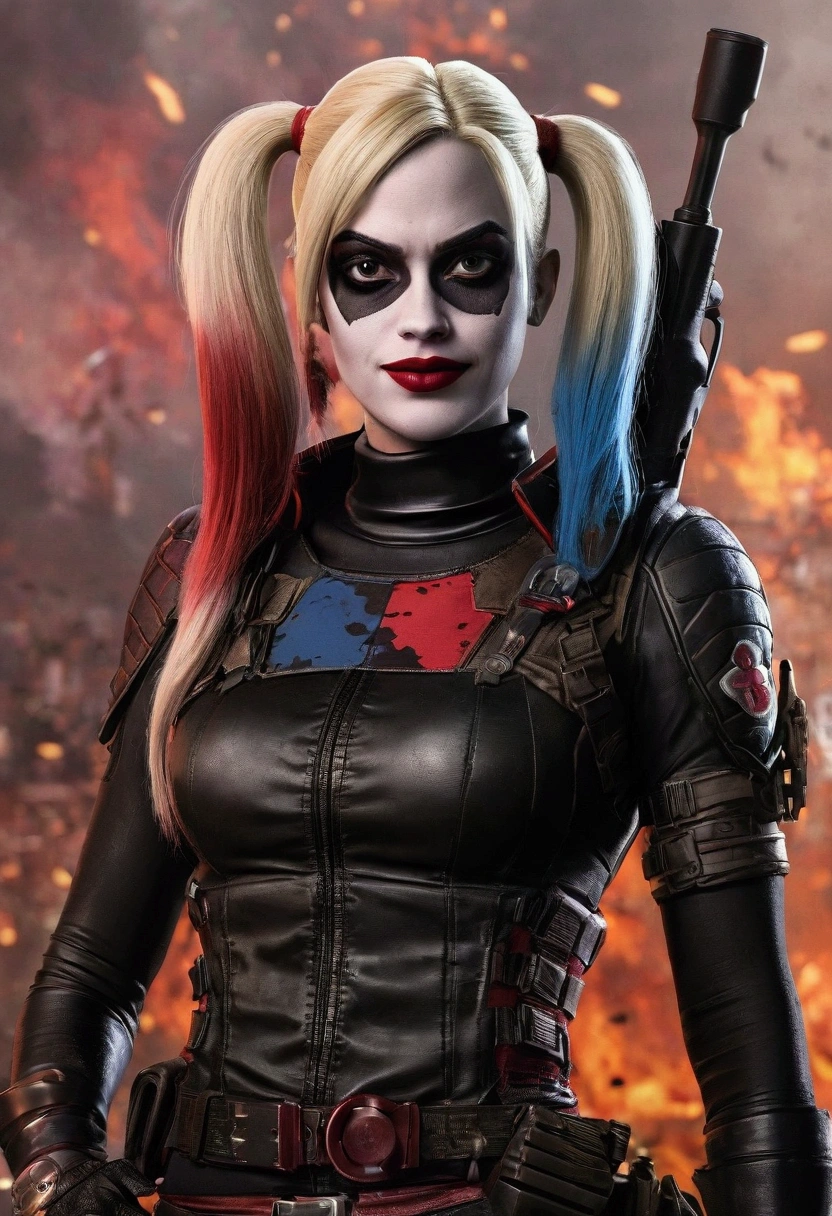 Harley Quinn, beautiful detailed eyes, beautiful detailed lips, extremely detailed face, long eyelashes, black outfit, ultra-sexy, holding baseball bat, explosion in the background, dark gritty atmosphere, cinematic lighting, chiaroscuro lighting, highly saturated colors, (best quality,4k,8k,highres,masterpiece:1.2),ultra-detailed,(realistic,photorealistic,photo-realistic:1.37)