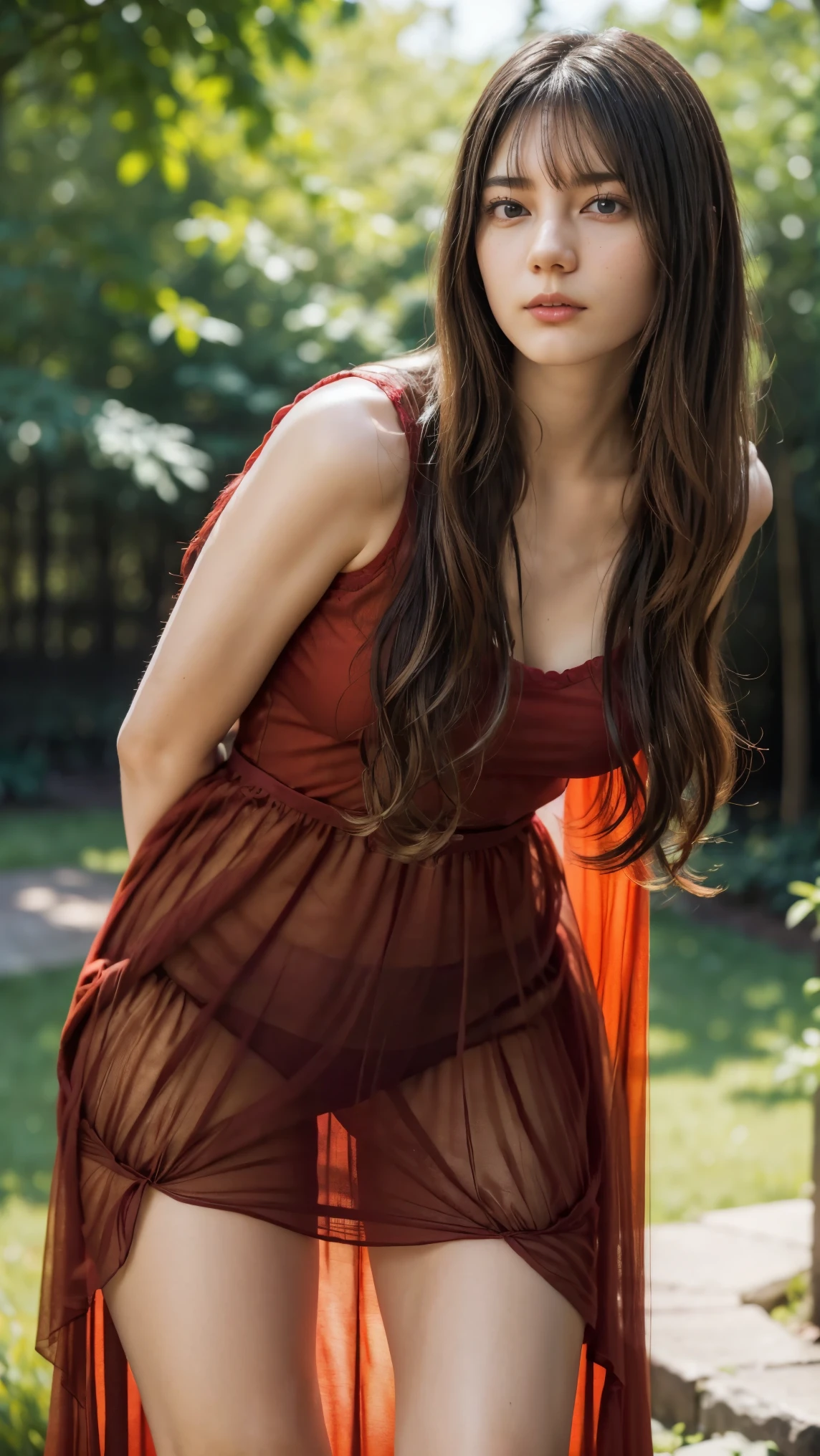 (a beautiful young woman with flowing hair in the wind), (wearing a red see-through dress:1.5), (Gigantic tits :1.6, (Slender figure:1.2), thighs, (bangs),in a shaded garden on a calm afternoon, (best quality,4k,8k,highres,masterpiece:1.2),ultra-detailed,(realistic,photorealistic,photo-realistic:1.37),intricate details,vivid colors,warm lighting,cinematic composition,elegant,graceful,atmospheric, (Leaning forward:1.4), (Arms crossed:1.3)