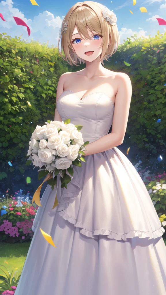 masterpiece, best quality, highres, 1girl, solo, short hair, blonde hair, blue eyes, wedding dress, standing, garden, confetti, holding bouquet, smile, open mouth,