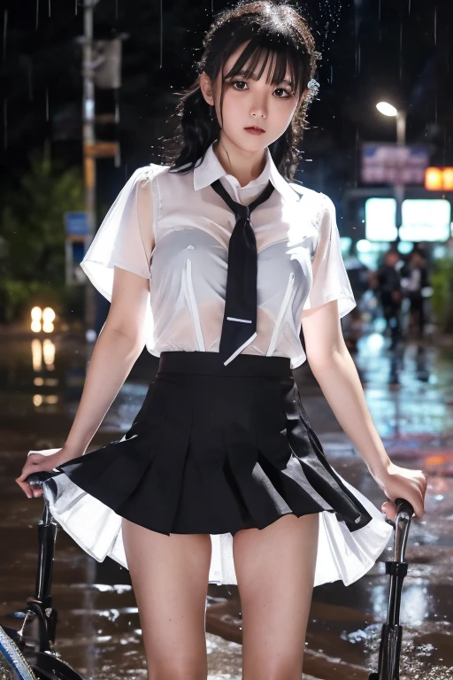  1 tall woman , , (punk hairstyle ,  Black Hair ),  scary expression,  Plump Body , blue eyes, One Piece Uniform, ( and I'm wearing a transparent white dress, Short sleeve, Light grey tie,),  the road is very muddy , Perfect round breasts,  he was tired of falling in the rain  ( riding his bike in the middle of a muddy road ),  expression of fatigue  ( the rain got his uniform wet ), heavy rain (Rain at night), The skirt is also translucent ,Skirt flying in the wind、I can see her panties、 black lace panties, the uniform was drenched  ( the uniform was drenched ),My skirt is also soaked ,  night sky background , Best Shot.