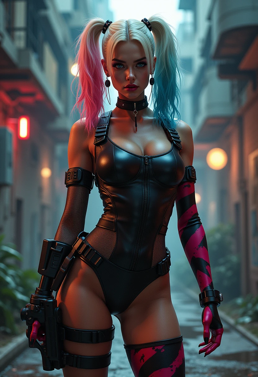 photo of Harley Quinn (sexy) from Marvel, Red and Black biomechanical, complex robot, full growth, hyperrealistic, insane small details, extremely clear lines, cyberpunk aesthetic, masterpiece featured on Zbrush Central