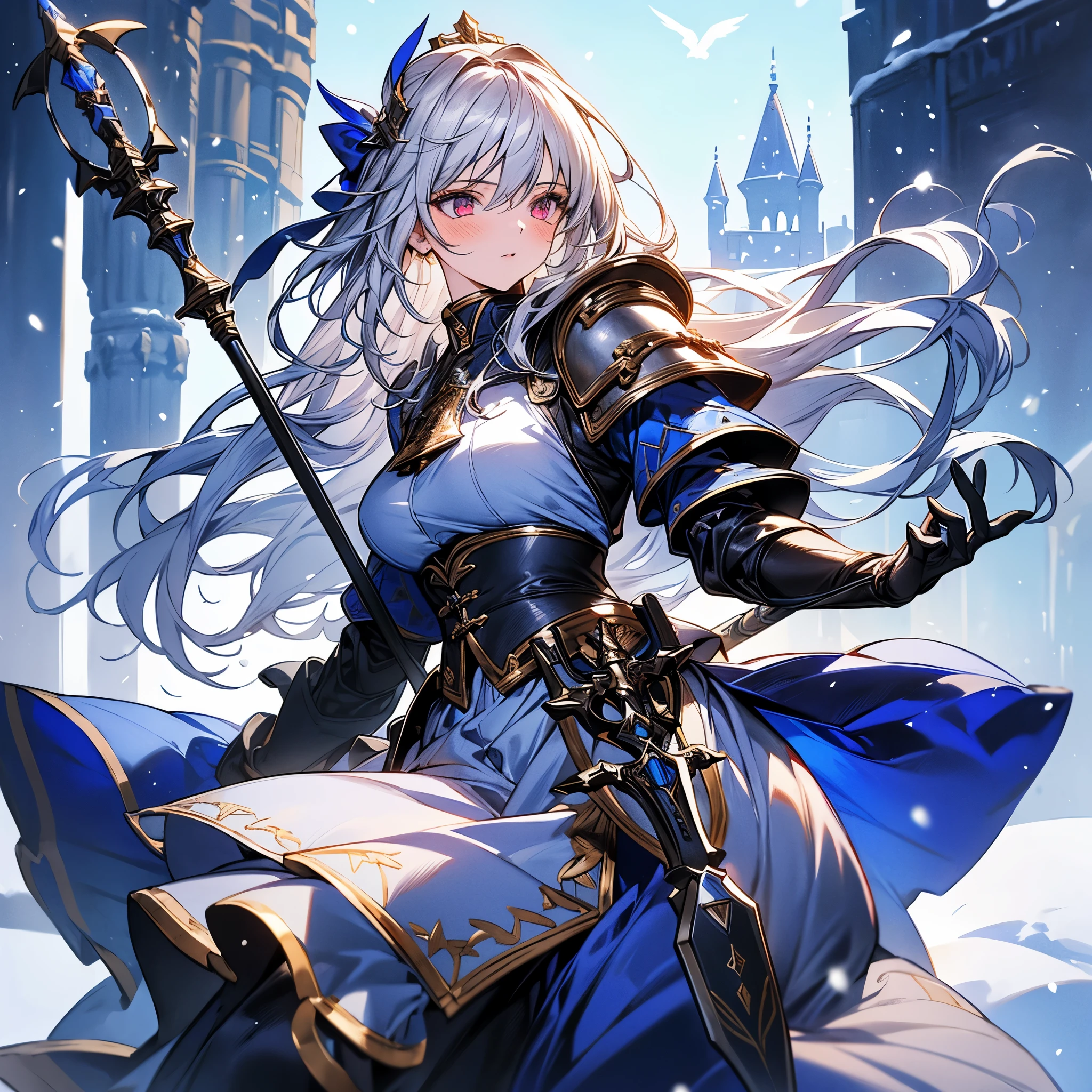 (masterpiece, best quality, ultra detailed, beautiful illustration), (oil painting:1.4), atmospheric perspective, (adventure atmosphere, elaborate atmosphere:1.4), depth of field, looking at viewer, beautiful detailed eyes, 1girl, (portrait, close-up:0.9), sexy pose, dynamic angle, sinful smile, (large breasts), (large breasts:1.2), (outdoors:1.5, winter:1.5, medieval metropolis:1.5), <lora:Bronya Rand:0.8>, bronya rand, long hair, bangs, grey hair, grey eyes, dress, bare shoulders, gloves, jewelry, earrings, black gloves, black pantyhose, boots, pantyhose, black footwear, drill hair, white dress, hair between eyes, elbow gloves