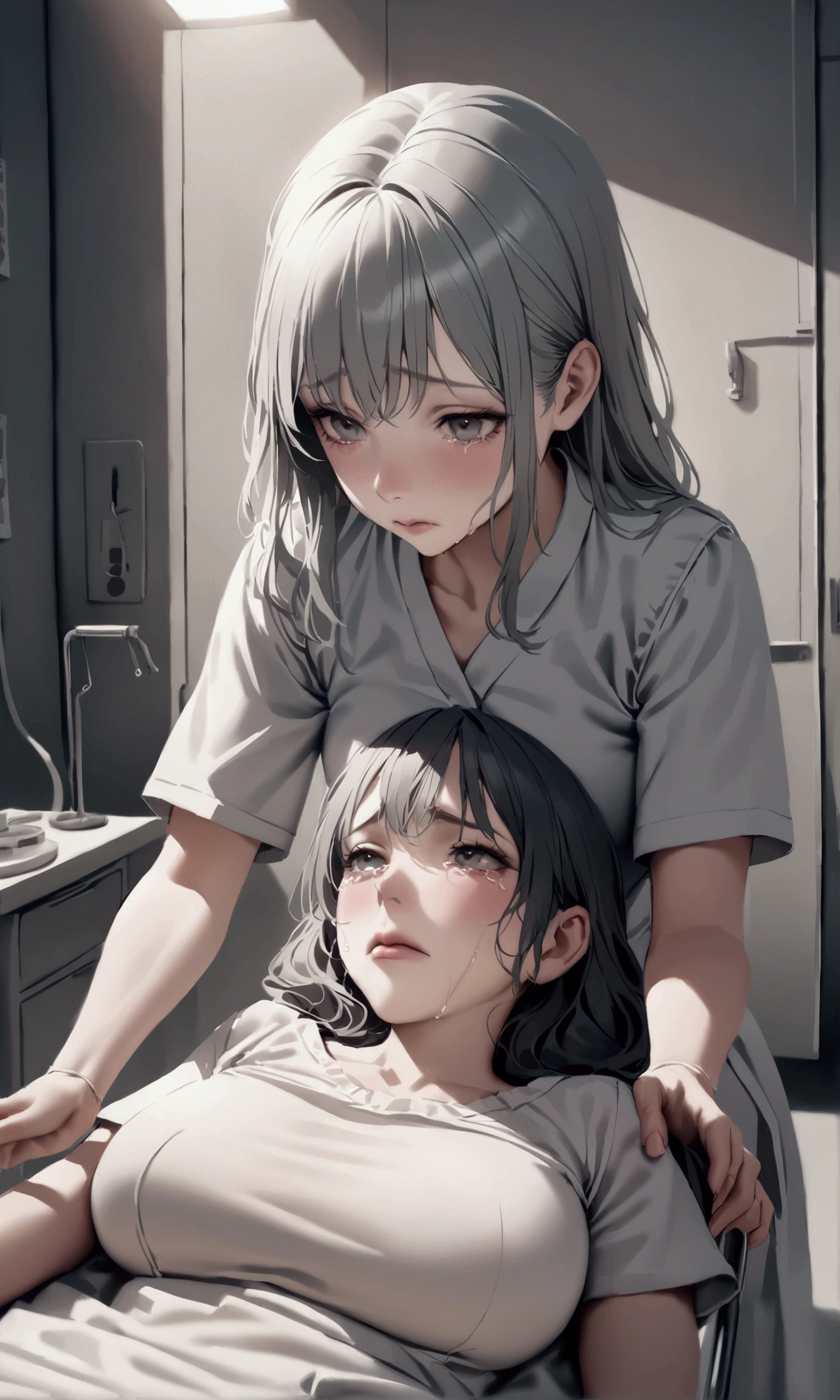 a cute woman, sad crying woman, distressed woman, woman in sexy outfit, dead cat on medical table, veterinarian and nurses trying to calm woman, sad atmosphere, hyper-realistic, cinematic lighting, dramatic shadows, muted color palette, detailed facial features, detailed clothing, depth of field, photorealistic, masterpiece
