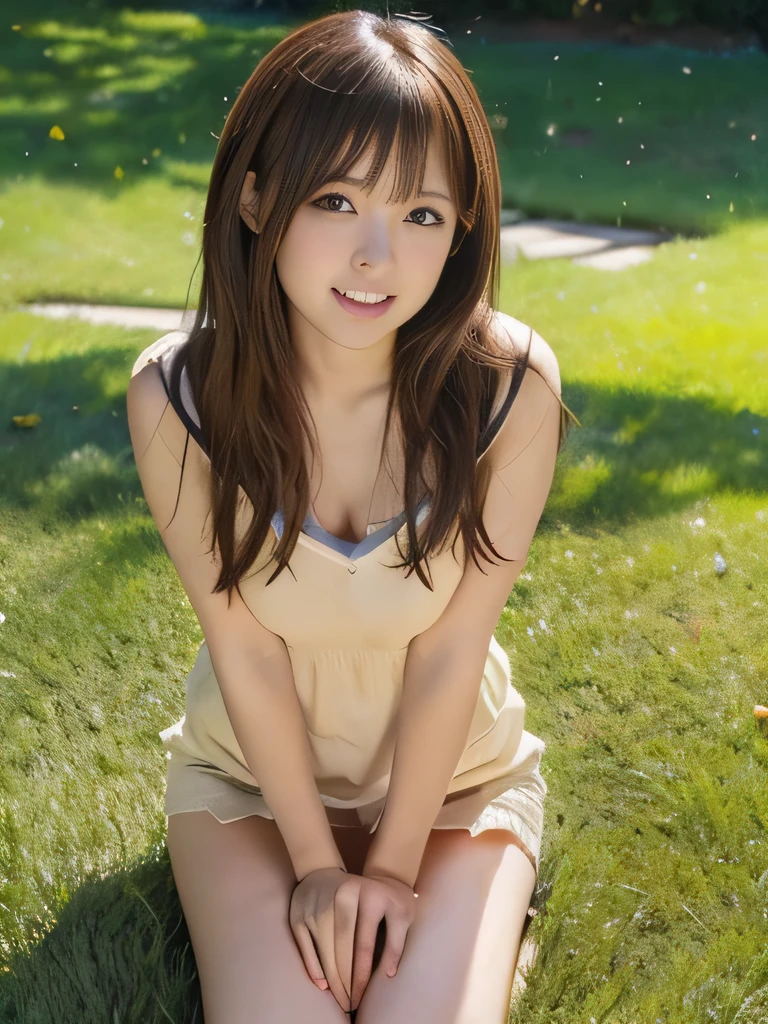 Japanese,Medium Hair,Messy Hair,Brown Hair,Looking at the camera,The light shines,Natural Light,between legs,Sit with your knees apart and standing up,lawn,From under the front,Pussy Groove,between legsからMucusが出る,Mucus,Squirting,Masturbating with your fingers,Face of ecstasy