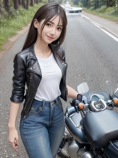 sit astride a motorbike,比基尼,looking at the camera,20-year-old,Beauty,Cute face,Beautiful face