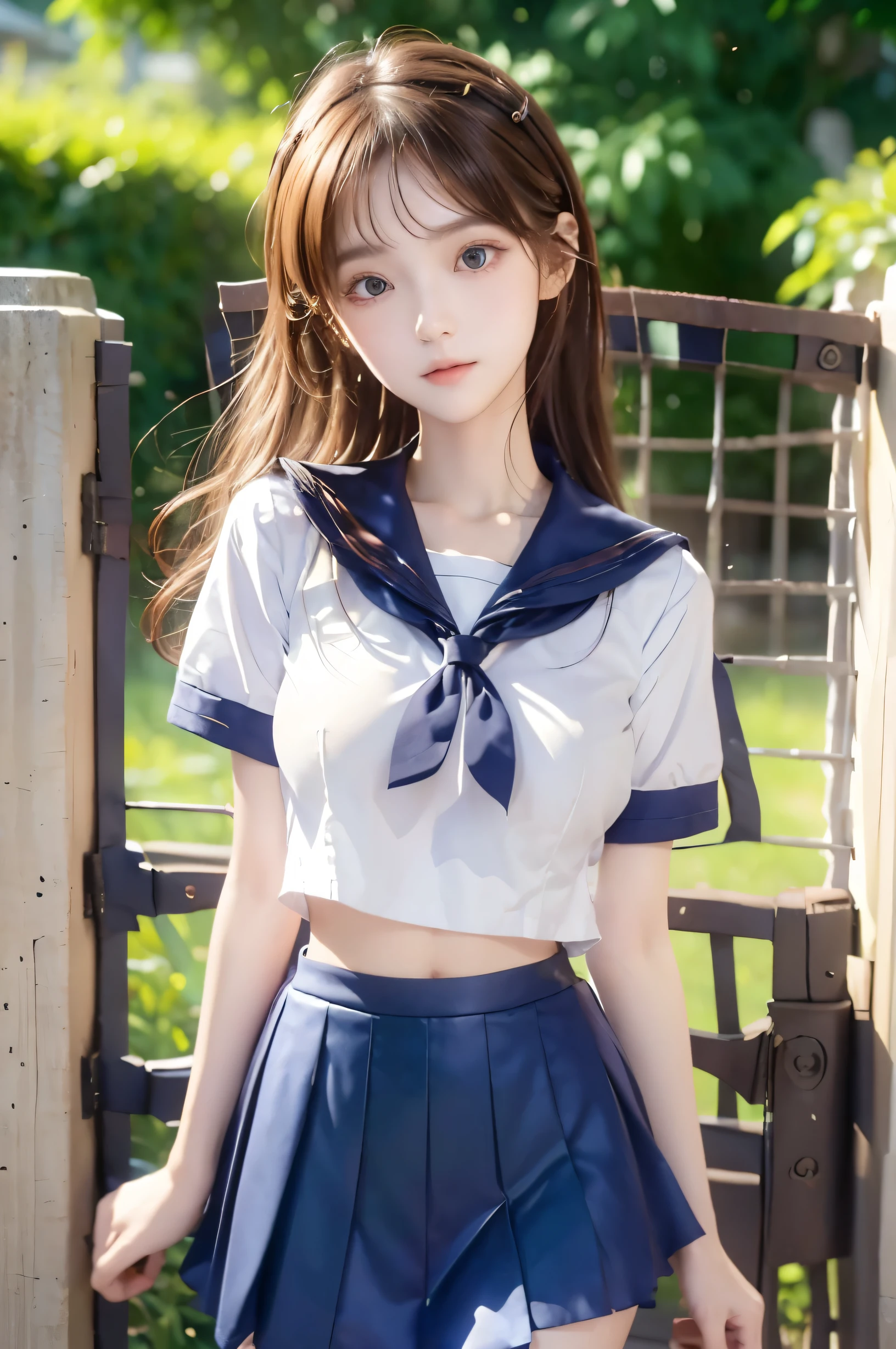 (Ultra HD), (Looking at me), (Short-sleeved sailor uniform,  navy blue mini skirt), Big Breasts, Super beautiful breasts, Slender, (Thin legs:1.2), (Thin thighs:1.2), (Thin Hips:1.4), (Beautiful Skin, Shiny skin, White skin), (Super slim face, Super beautiful face, No makeup, Smile:0.6), (Light Brown Hair, Semi-long, Layered Cut, Fluffy hair), (Big eyes:1.3, High corners of the eyes:1.6, double eyelid), (Thin eyebrows:0.1), (Small Nose:0.6), (Thin lips:0.6), Beautiful Hands, Empty-handed, Standing, In front of the school gate