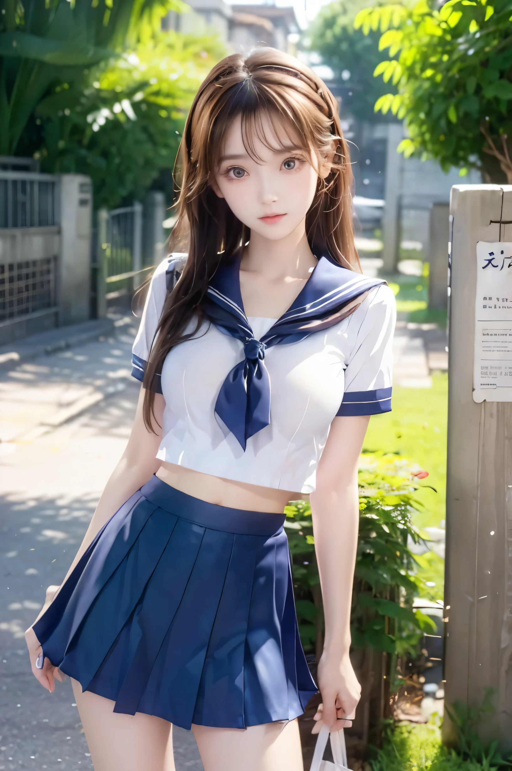 (Ultra HD), (Looking at me), (Short-sleeved sailor uniform,  navy blue mini skirt), Big Breasts, Super beautiful breasts, Slender, (Thin legs:1.2), (Thin thighs:1.2), (Thin Hips:1.4), (Beautiful Skin, Shiny skin, White skin), (Super slim face, Super beautiful face, No makeup, Smile:0.6), (Light Brown Hair, Semi-long, Layered Cut, Fluffy hair), (Big eyes:1.3, High corners of the eyes:1.6, double eyelid), (Thin eyebrows:0.1), (Small Nose:0.6), (Thin lips:0.6), Beautiful Hands, Empty-handed, Standing, In front of the school gate