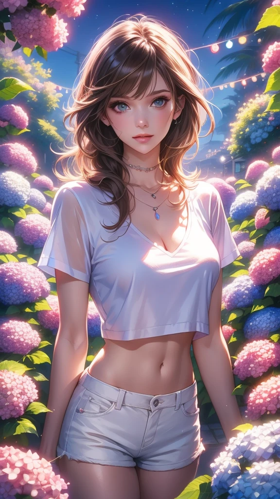 a beautiful woman with long brown hair, blue eyes, wearing a white shirt and hot pants, holding a neon red heart necklace, looking at the viewer, in a night scene with colorful hydrangeas, (best quality,4k,8k,highres,masterpiece:1.2),ultra-detailed,(realistic,photorealistic,photo-realistic:1.37),cinematic lighting,intricate details,vibrant colors,stunning portrait,elegant fashion