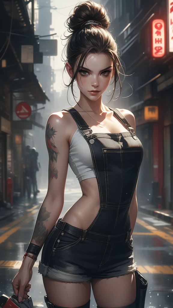 SamdoesArts; Half-length portrait of beautiful woman in crop top and overalls winning award, Military boots, Standing on the street with a faint smile,  Paint splash, Hair Bun, Splash, Escape, Virtualization software,  Digital Art, Trending on ArtStation,  Very Detailed , Fine details, Jeremy Mann&#39;s complex work, Matthews Merriam Sr., Pino Dani, Robert Rauschenberg, author：beksinski