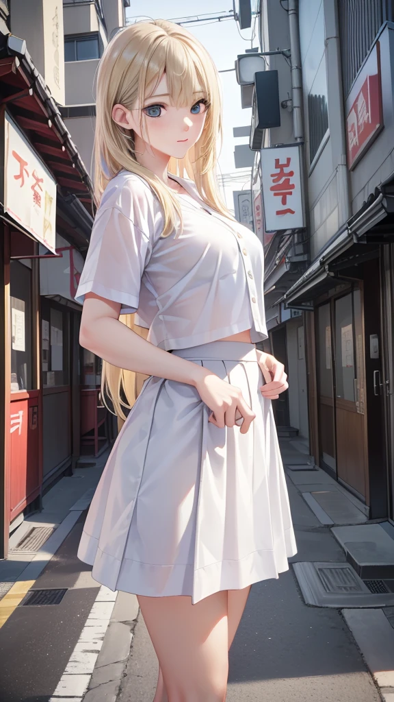 Realistic, (4K), Depth of written boundary, (masterpiece), (Realistic skin texture), Very detailed, Complex, Super detailed, Professional photography, Bokeh, High resolution, Sharp details, highest quality, girl, Long Hair, Blonde, ponytail, blue eyes, , Dynamic pose,  Open Highway, Empty road, Happy, Stand in the middle of the road, Dawn, Japanese architecture,(some times all naked:1.3),