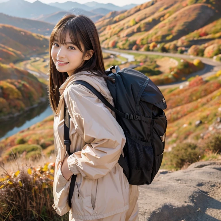 (Calm and gentle expression:1.0), (Full Body Shot:1.3), (panorama:1.0), Cinema Lighting, ((Best Quality)), (RAW Photos, Best Quality), ( Realistic:1.4), realism, masterpiece, so delicate and beautiful, very detailed, 4k wallpaper, wonderful, finely, very detailed CG unity 8k wallpaper, very detailed, high res, Soft Light, Japanese, (one shot:1.9), (22 years old:1.6), (Round face:1.2), (Fat:0.8), (A very neat woman, A very pure woman:1.5), Beautiful detailed woman,Famous Japanese actresses, Detailed face, finelyて美しい目, very detailedな目と顔, Beautiful eyes and a beautifully detailed nose, Ultra HD glossy lips, (Straight Hair:1.4), Shiny Hair, Shiny Hair, Brown Hair, (bangs:1.4), toned body, (Smiling:1.4), Glossy and moisturized lips, natural makeup , ( windbreaker ), (Trekking pants), (Carrying a large backpack), Accentuate your body lines, I'm climbing a mountain with a backpack on my back, (Autumn Mountains々Background:1.5)