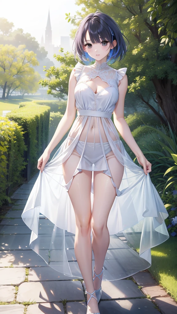 masterpiece, Highest, Spring Dress, Colored hair, Outdoor, Transparent skirt, Light tulle, Wide hips, Thin waist, Smooth, soft and delicate skin