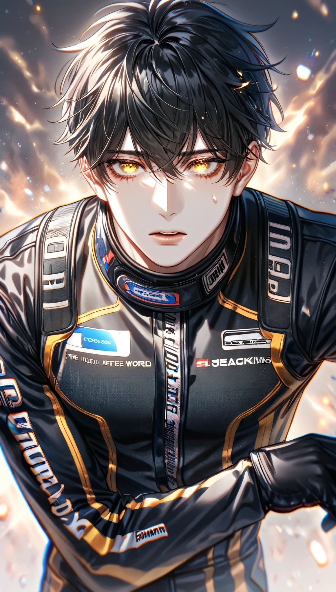 absurdres, highres, ultra detailed, HDR) master piece, best quality, extremely detailed, delicated features, Jaehwan, (black hair), hair that parts just above his left eye, (expressive yellow eyes), Code Zero, The World After The Fall, (solo), sexy man, handsome, sensual, (black racing suit), black gloves, toned, (detailed eyes)