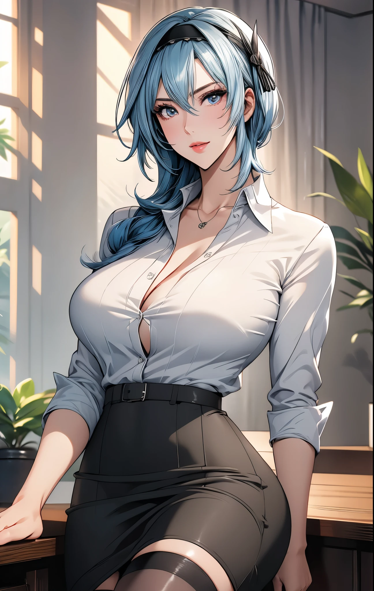 Head-to-knee Illustration, cowboy shot, 1women, looking at camera, seductive smile, (detailed mature face), ((milf, mature female)), ((eula)), BREAK, makeup, mature body, tall women, ((blue hair, sidelock, hair between eyes)), ((detailed eyes:1.3)), beautiful lips, (large breasts, deep cleavage, collarbone, nipples), ((wide hips, thick thighs:1.1)), office lady, ((hairband, long sleeves white shirt, collared shirt)), ((tight black pencil skirt, stockings)), BREAK, CG art, anime, ((best quality)), masterpiece, highly detailed, 8K resolution, beautiful CG, ultra detailed CG, HDR, intricate details, indoor, bedroom, depth of field, voluminous, sharp focus, vibrant colors, natural lighting, soft shadows, proportional body, mixed media