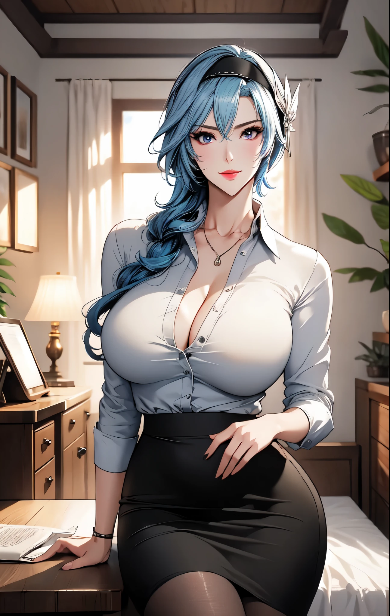 Head-to-knee Illustration, cowboy shot, 1women, looking at camera, seductive smile, (detailed mature face), ((milf, mature female)), ((eula)), BREAK, makeup, mature body, tall women, ((blue hair, sidelock, hair between eyes)), ((detailed eyes:1.3)), beautiful lips, (large breasts, deep cleavage, collarbone, nipples), ((wide hips, thick thighs:1.1)), office lady, ((hairband, long sleeves white shirt, collared shirt)), ((tight black pencil skirt, stockings)), BREAK, CG art, anime, ((best quality)), masterpiece, highly detailed, 8K resolution, beautiful CG, ultra detailed CG, HDR, intricate details, indoor, bedroom, depth of field, voluminous, sharp focus, vibrant colors, natural lighting, soft shadows, proportional body, mixed media