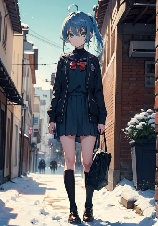 Best Quality,超A high resolution,1girl in,Solo,Full body,Snow,city,, Blue hair,Green eyes,nffsw,School uniform,