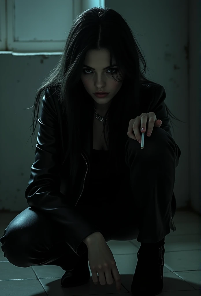 A sexy male with black long hair, teal blue eyes, and delicate facial features. He is wearing a black trench coat, black shiny leather jeans, and a horror mask. He is pointing at the camera. (No facial hair) (no body hair) (black and purple) (gloomy atmosphere) (Mysterious atmosphere) (((male))) (((a seductive male))) ((best quality)), ((masterpiece)), (detailed). (He is wearing a horror mask))) (no facial or body hair)