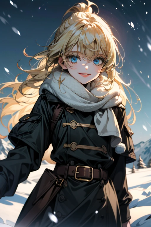 ((ultra detailed, masterpiece, absurdres))
 HGFiona, 1girl, blonde hair, blue eyes, in a winter wonderland, cowboy shot, winter clothing, smile