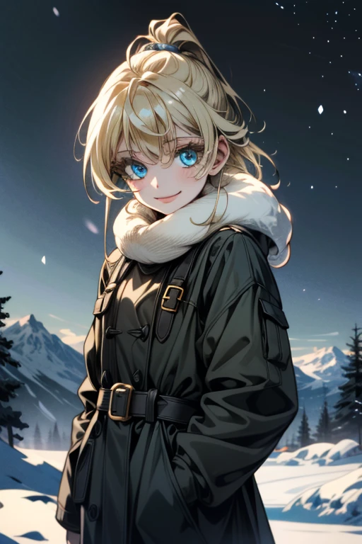 ((ultra detailed, masterpiece, absurdres))
 HGFiona, 1girl, blonde hair, blue eyes, in a winter wonderland, cowboy shot, winter clothing, smile