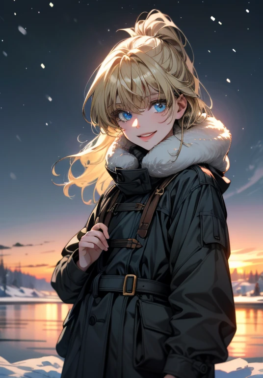 ((ultra detailed, masterpiece, absurdres))
 HGFiona, 1girl, blonde hair, blue eyes, in a winter wonderland, cowboy shot, winter clothing, smile