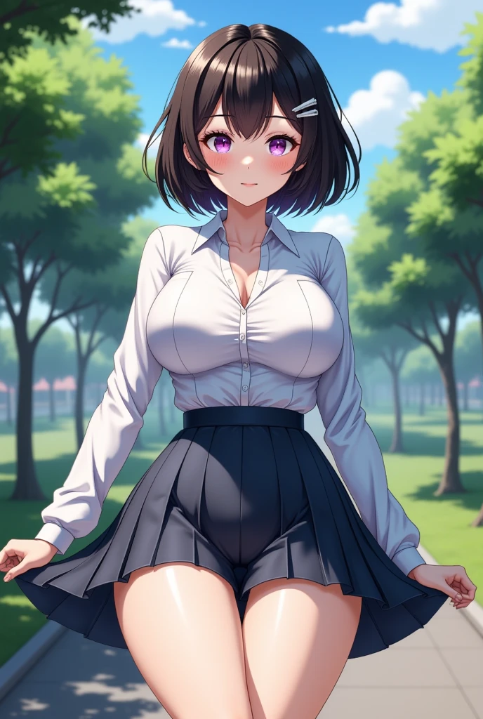 ((highres)), Masterpiece, high quality, best quality, beautiful, perfect lighting, detailed body, detailed face, ultra cute face, ((1girl)), ((solo), sarashina ruka, ((tan turtle neck sweater)), ((black short skirt)), ((undersized skirt)), pink panties, blue hair bow, ((fluffy hair)), medium breasts, perky breasts, (wide hips), ((thick thighs)), (fat ass), looking at viewer, cowboy shot, from behind, looking back, dynamic pose, cute pose, sweet smile, affectionate, happy, park, trees, evening