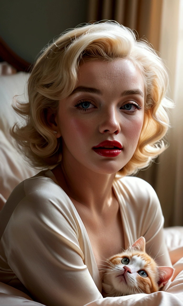 ((best quality))), (((Extremely detailed))), (((masterpiece))), photography portrait,Marilyn Monroe,,(Glowing skin:1.5),Messy hair,Shoulder-length straight hair,Dark circles,Bloodshot eyes,(Sad expression:1.3),(:1.5),(Towering chest:1.5),Sitting on the bed,In the bedroom,(Strapless cat print robe:1.3), Lost in thought, dimly light room, The soft glow of a digital clock, Dark curtains, Seclusion and introspection, Messy hair, Shadowed eyes, insomnia, Beautiful, Fragile beauty, Pale skin, Blush, heavy atmosphere, Quiet, The soft hum of the refrigerator, Woman with thoughtful expression, Searching Eyes, Grasping the essence of struggle, Vulnerability,(Night scene:1.3),Spread your legs,Put your hands behind your back