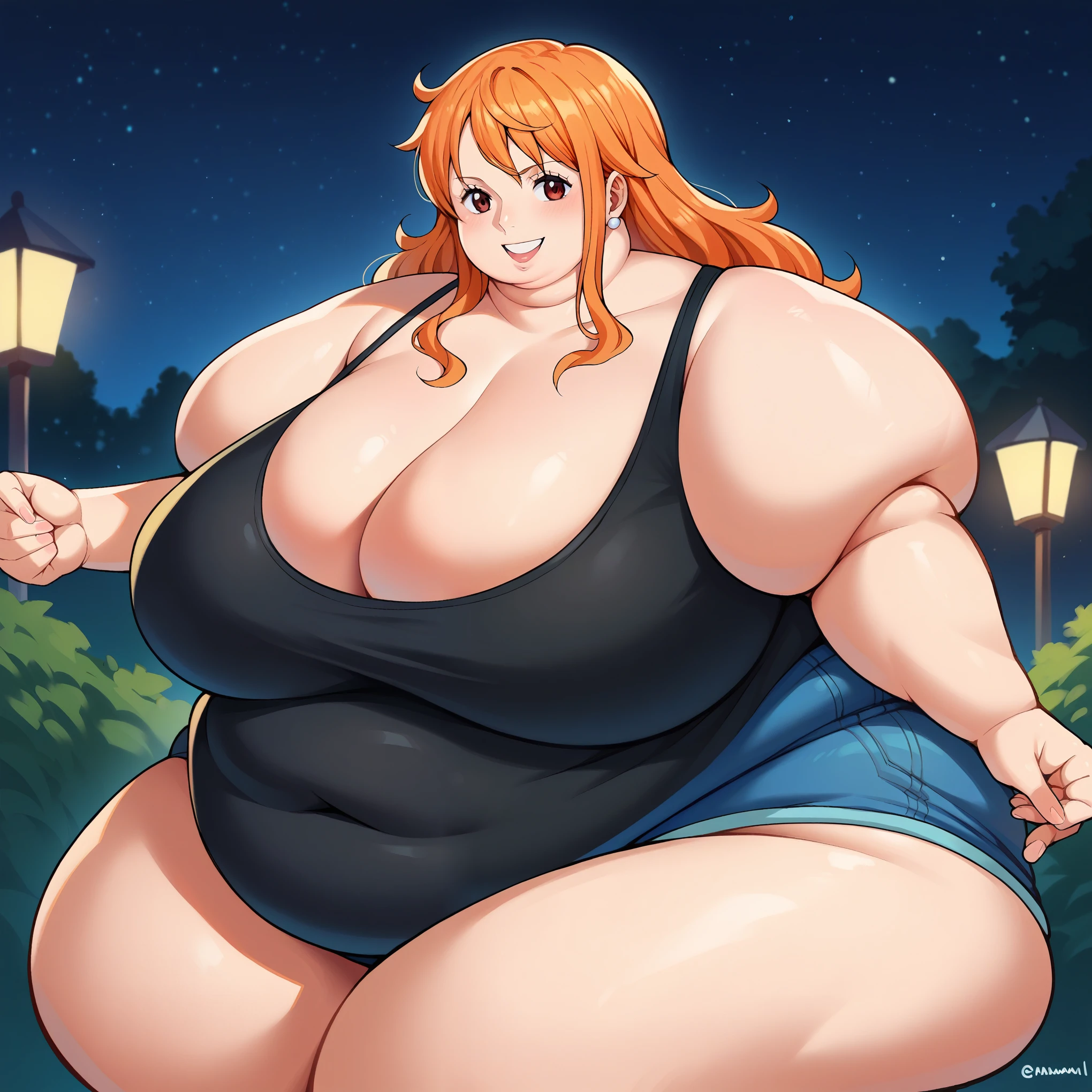 score_9, score_8_up, score_7_up, score_6_up, score_5_up, score_4_up, BREAK source_anime,POV,,smile,standing,nami_post, orange hair, long hair, wavy hair, side locks, brown eyes, gigantic breasts, wide waist, black t-shirt,short sleeves,outdoors, night, fat, chubby, obese