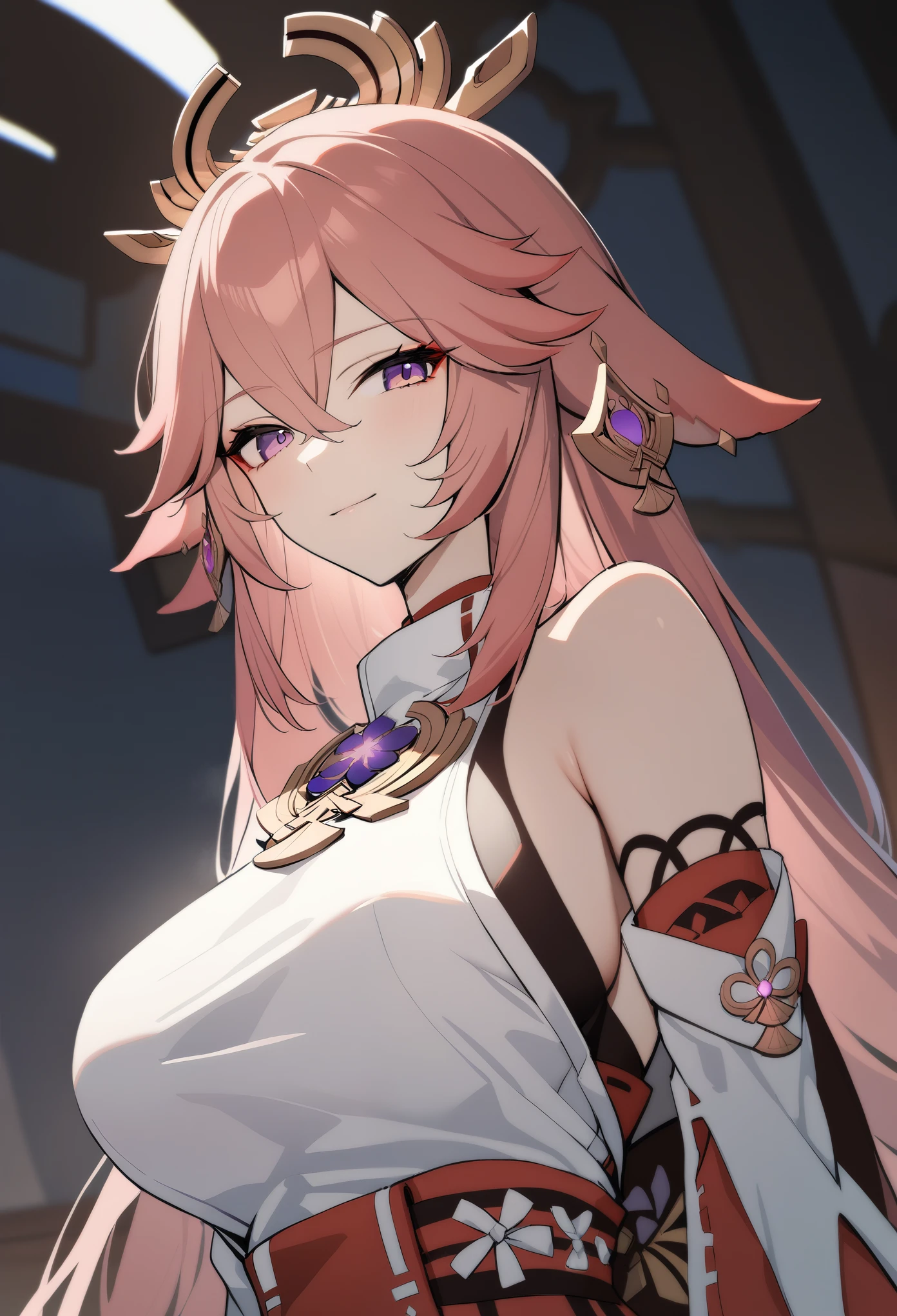 1 girl, sim miko, impacto genshin,  upper body , pink hair,  very long hair , fox ears, white shirt, breasts, light smile, cinematic angle, masterpiece, best quality